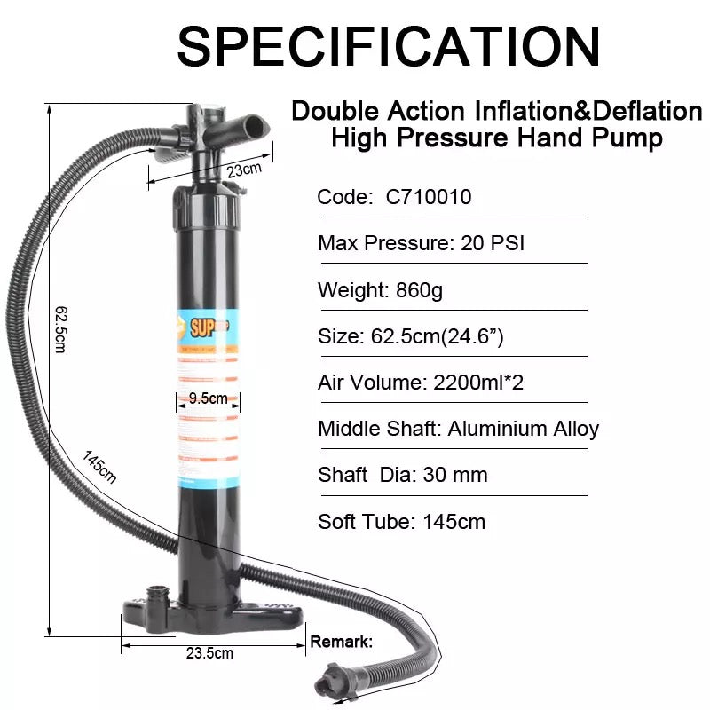 SUP Hand Pump Dual Action High Pressure Adjustable Hand Pump For Paddle Board Double/Single Action