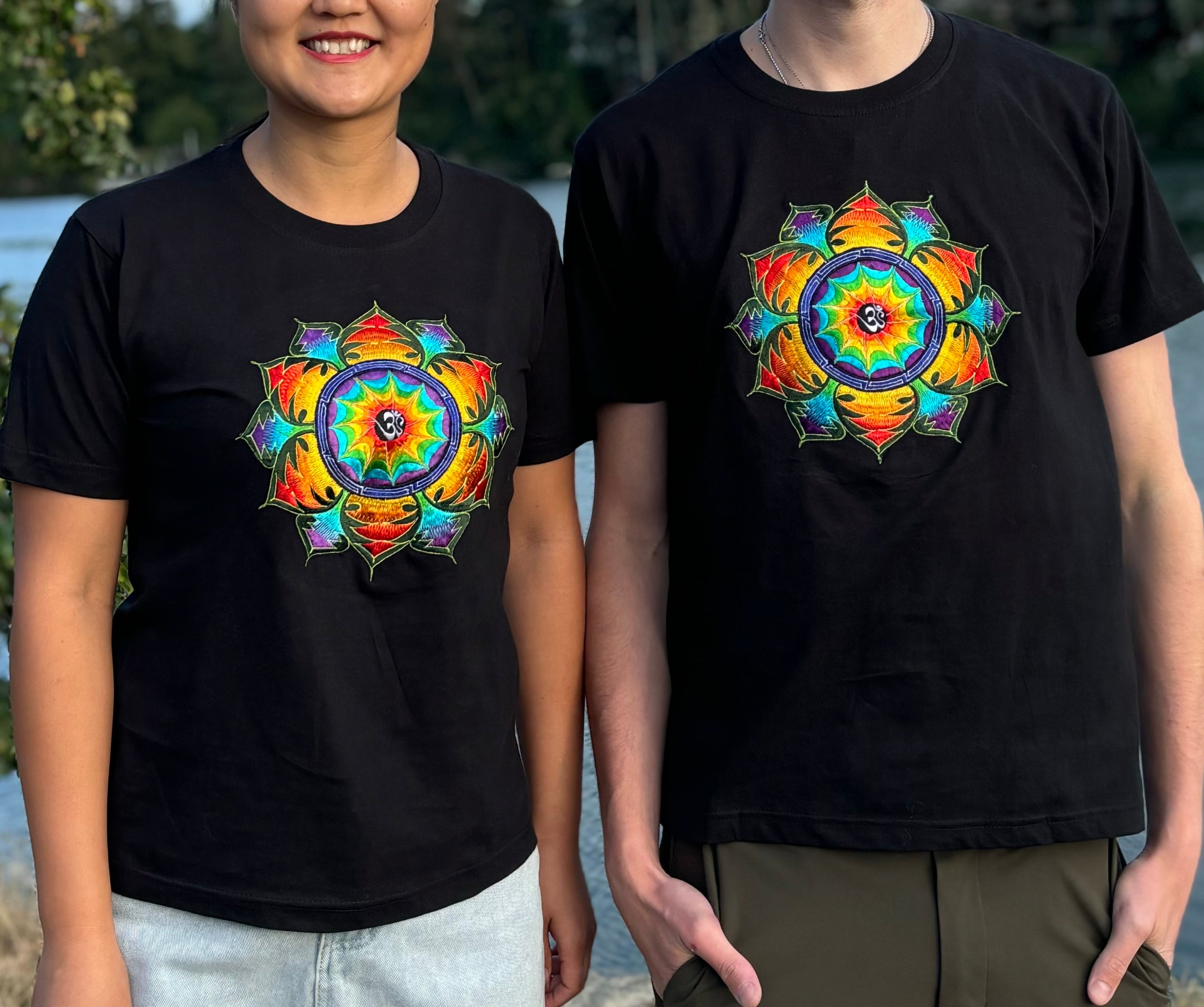 Slife Yoga Handmade Hand-Embroidered Mandala Om Yantra Cotton T-shirt Made by Artist from Nepal Unisex Shirt for Yoga Meditation Paddle Board