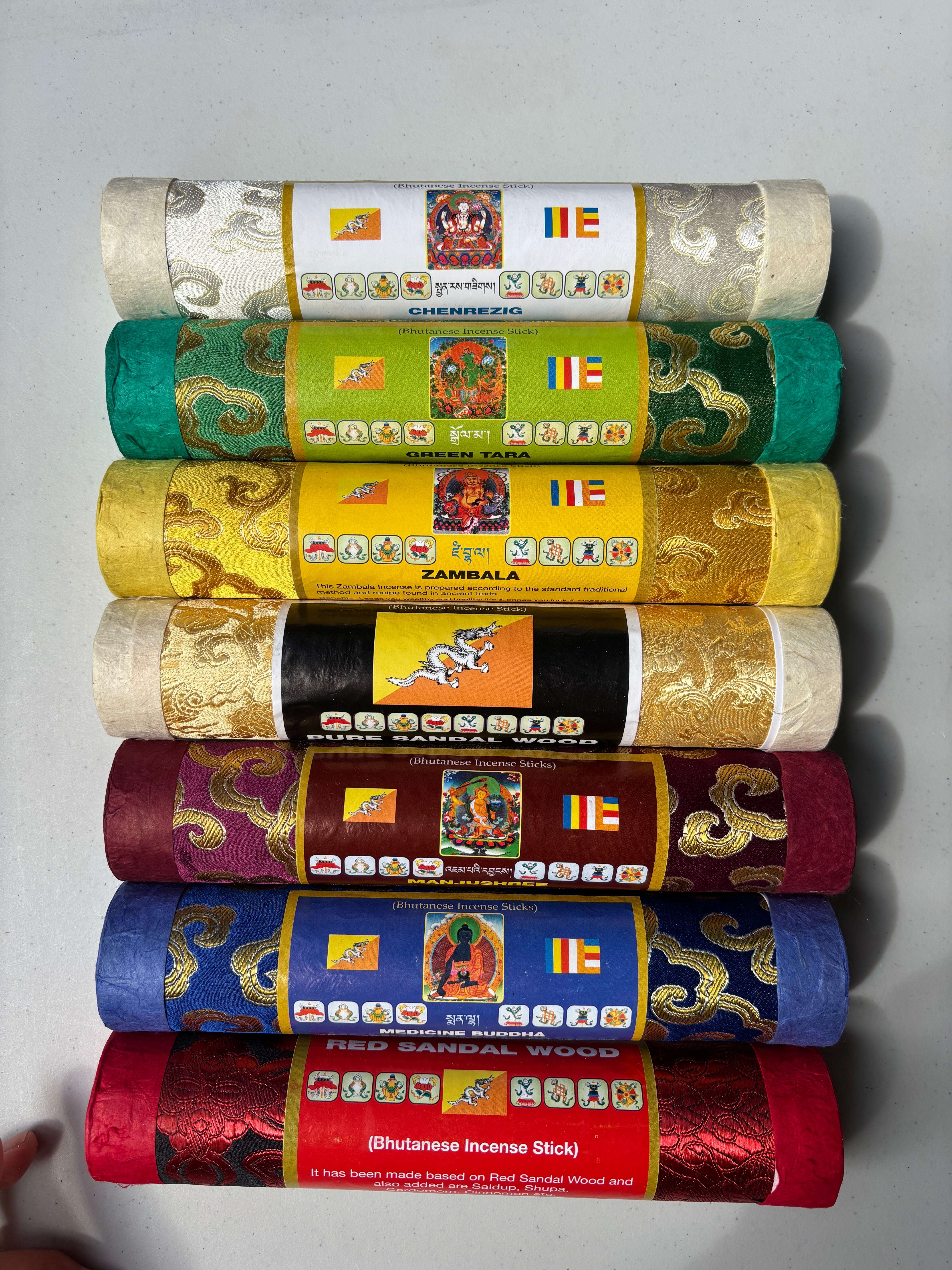 Tibetan Bhutanese Handmade Solid Stick Incense 100% Organic Herbs Beautiful Embroidered Box Red Sandal Wood, Medicine Buddha,Green Tara