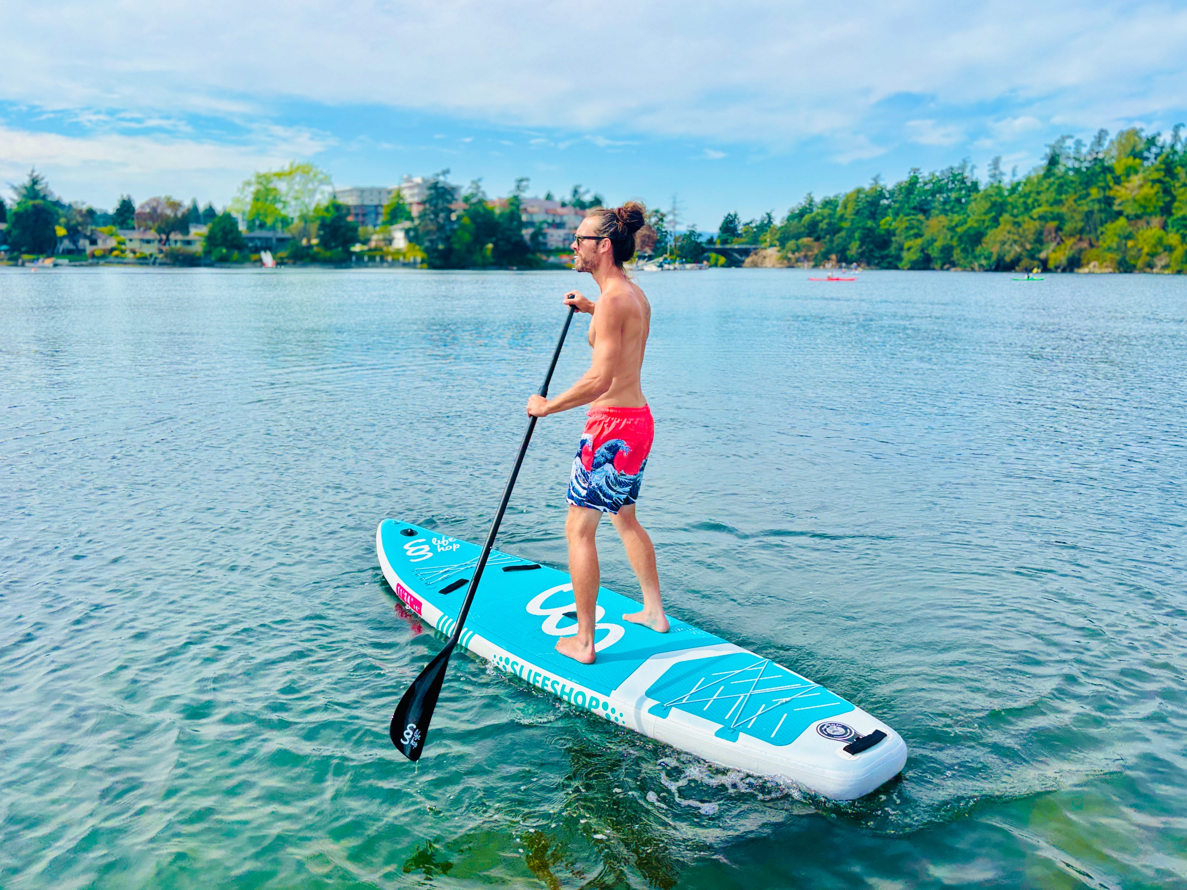 Breezy Stand Up Paddle Board SUP  11’ Inflatable SUP Pink Blue Front&Back Bungee Extra Wide Deck 34” for Stability Designed by Local Canadian Artist