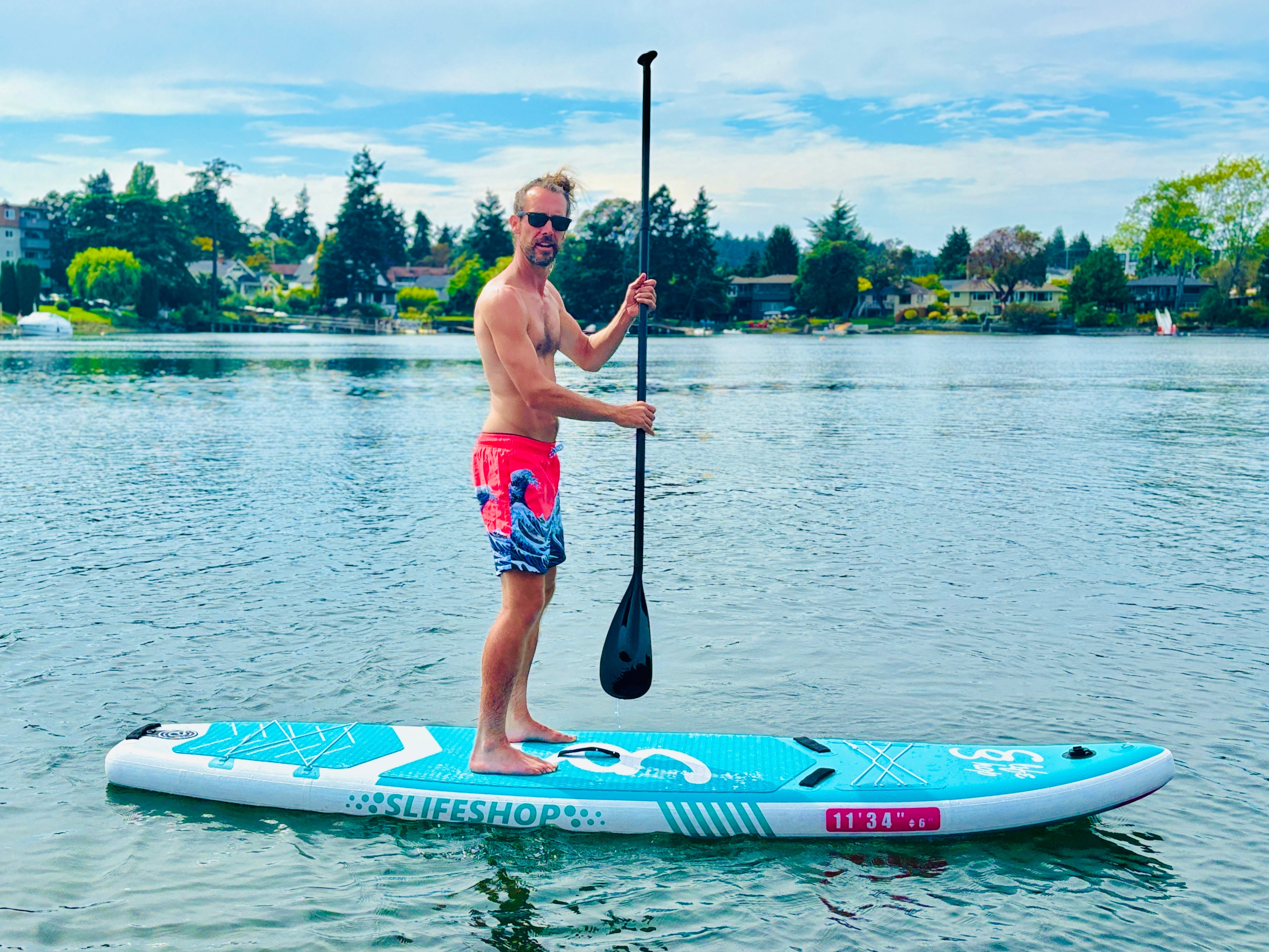 Breezy Stand Up Paddle Board SUP  11’ Inflatable SUP Pink Blue Front&Back Bungee Extra Wide Deck 34” for Stability Designed by Local Canadian Artist