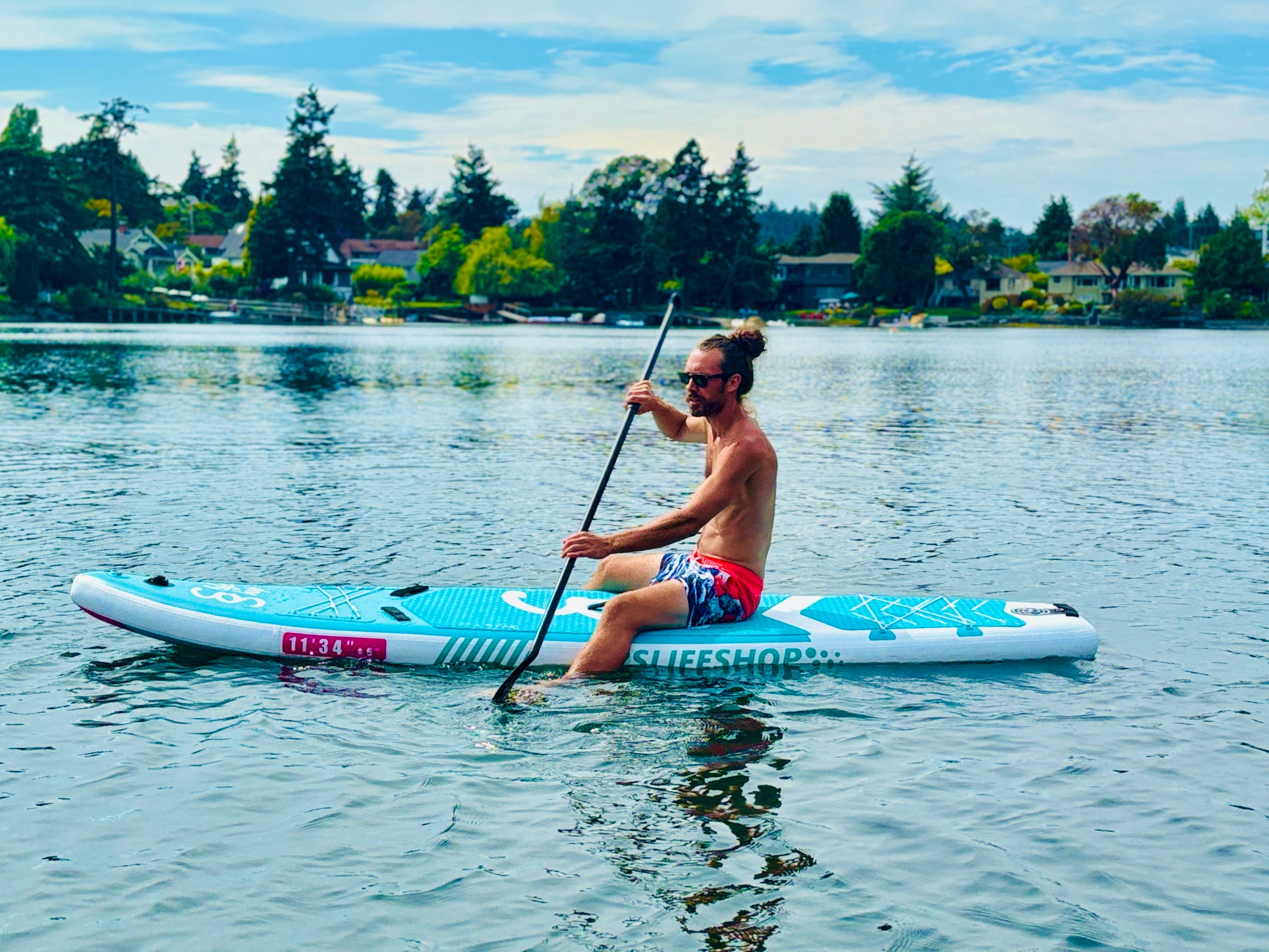 Breezy Stand Up Paddle Board SUP  11’ Inflatable SUP Pink Blue Front&Back Bungee Extra Wide Deck 34” for Stability Designed by Local Canadian Artist