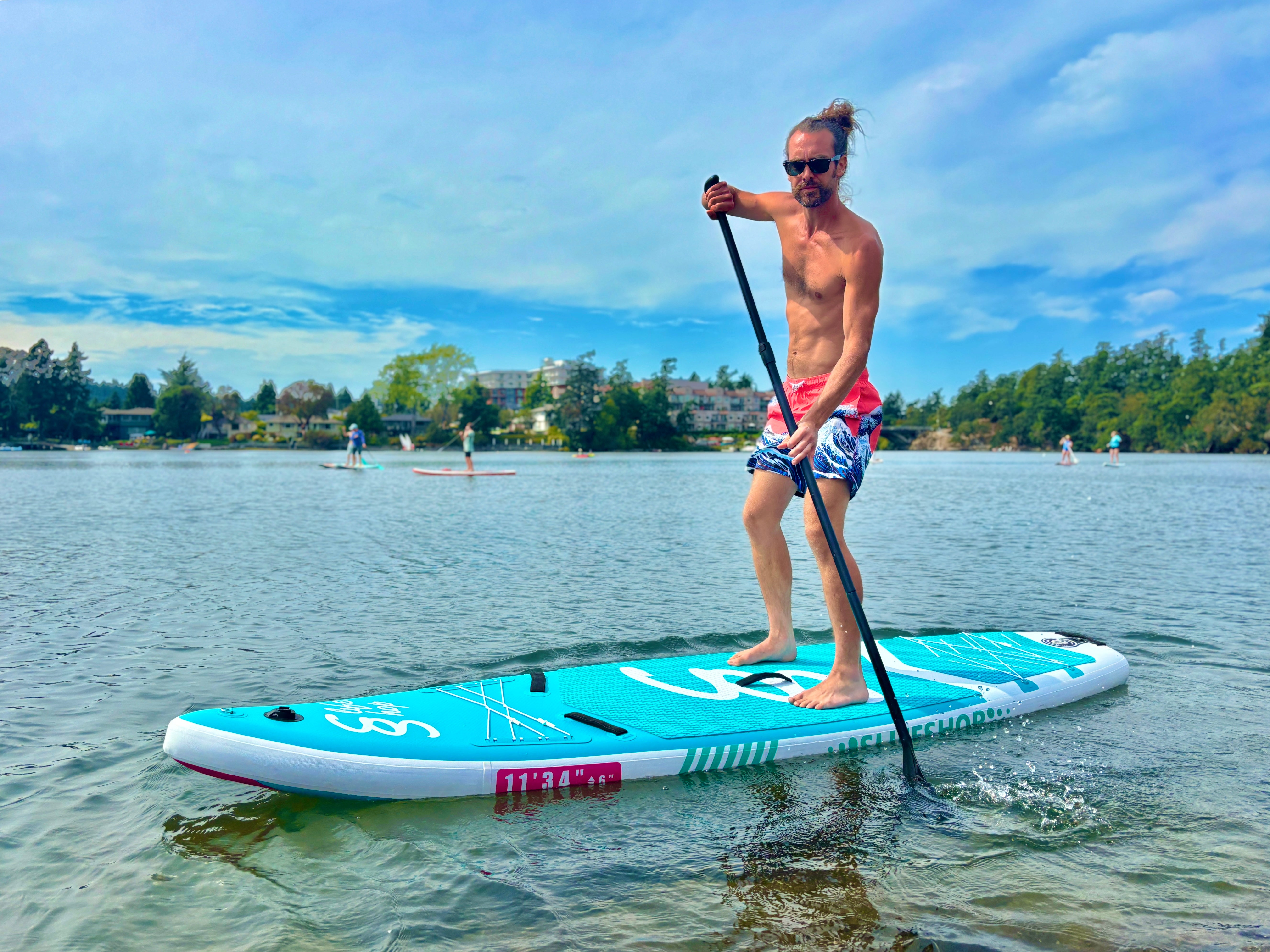 Breezy Stand Up Paddle Board SUP  11’ Inflatable SUP Pink Blue Front&Back Bungee Extra Wide Deck 34” for Stability Designed by Local Canadian Artist
