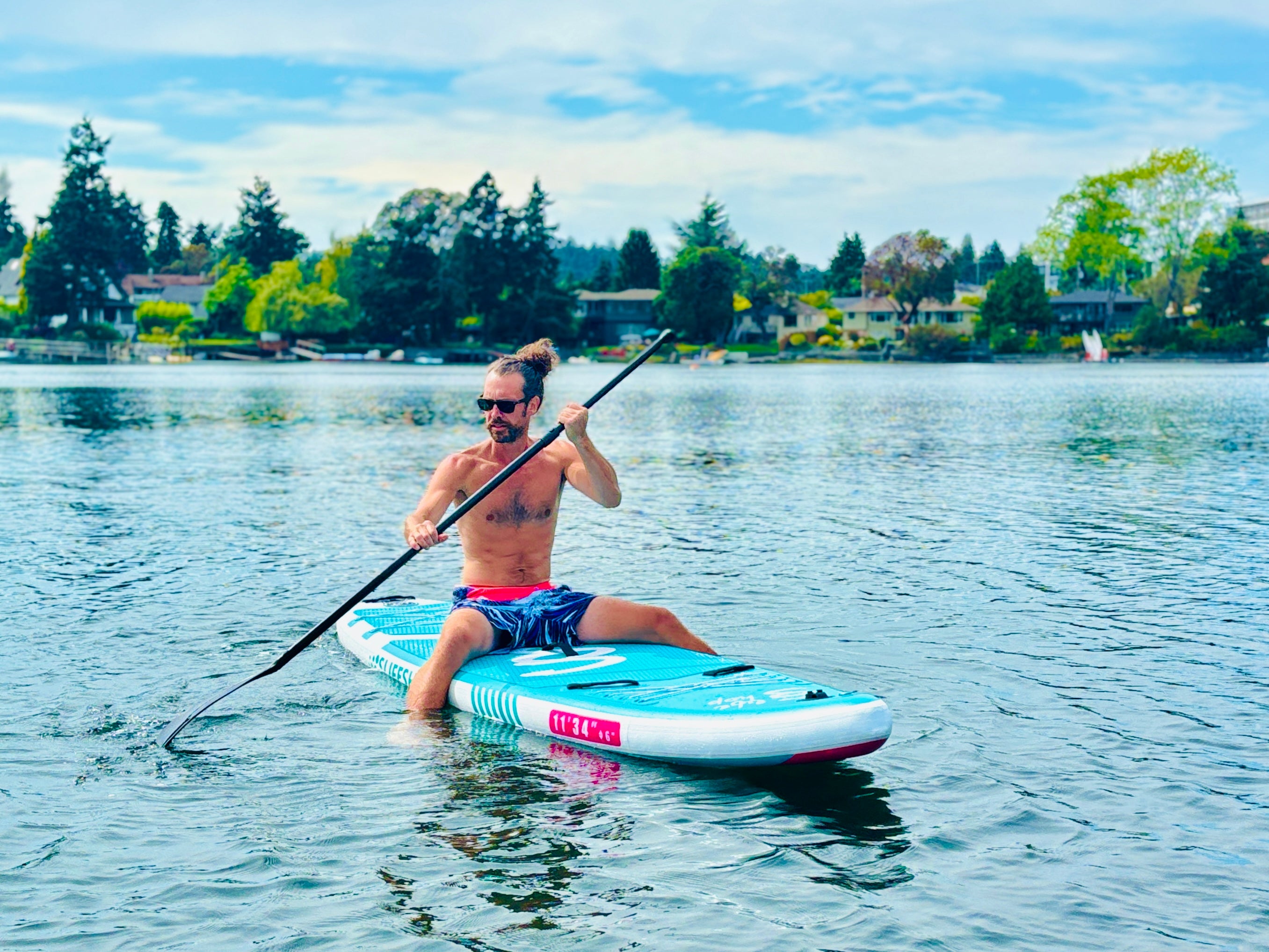 Breezy Stand Up Paddle Board SUP  11’ Inflatable SUP Pink Blue Front&Back Bungee Extra Wide Deck 34” for Stability Designed by Local Canadian Artist