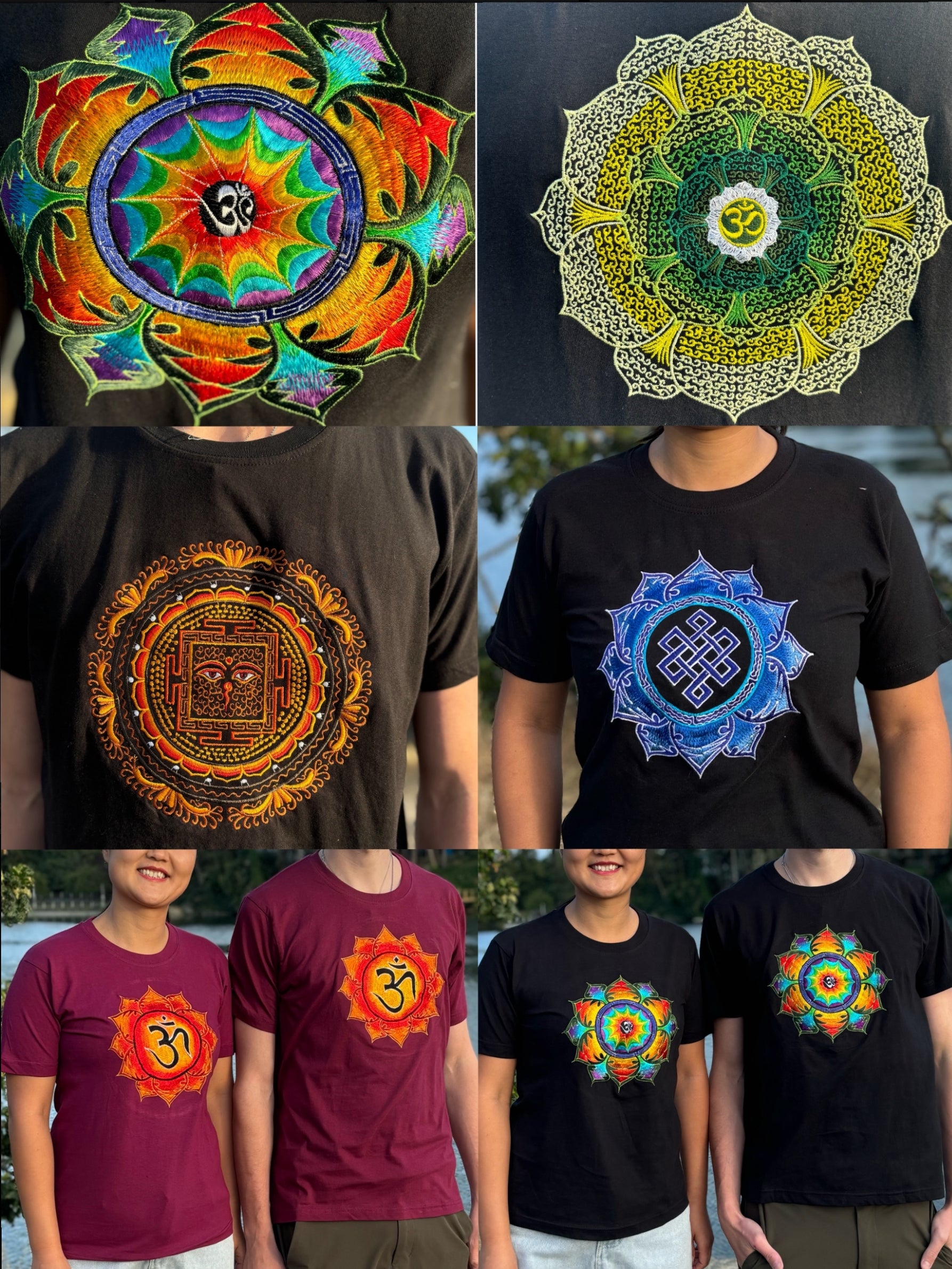 Slife Yoga Handmade Hand-Embroidered Mandala Om Yantra Cotton T-shirt Made by Artist from Nepal Unisex Shirt for Yoga Meditation Paddle Board