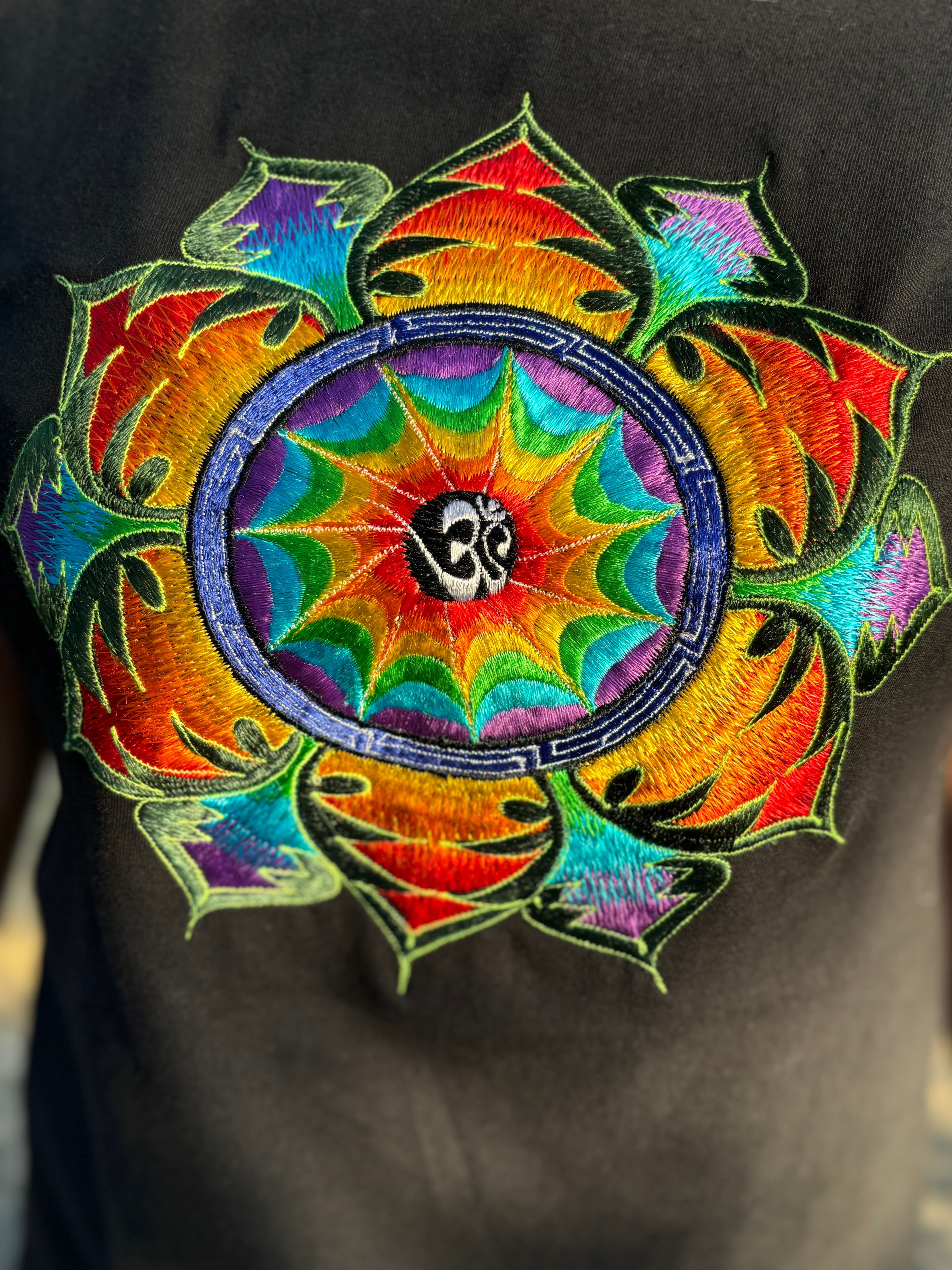 Slife Yoga Handmade Hand-Embroidered Mandala Om Yantra Cotton T-shirt Made by Artist from Nepal Unisex Shirt for Yoga Meditation Paddle Board