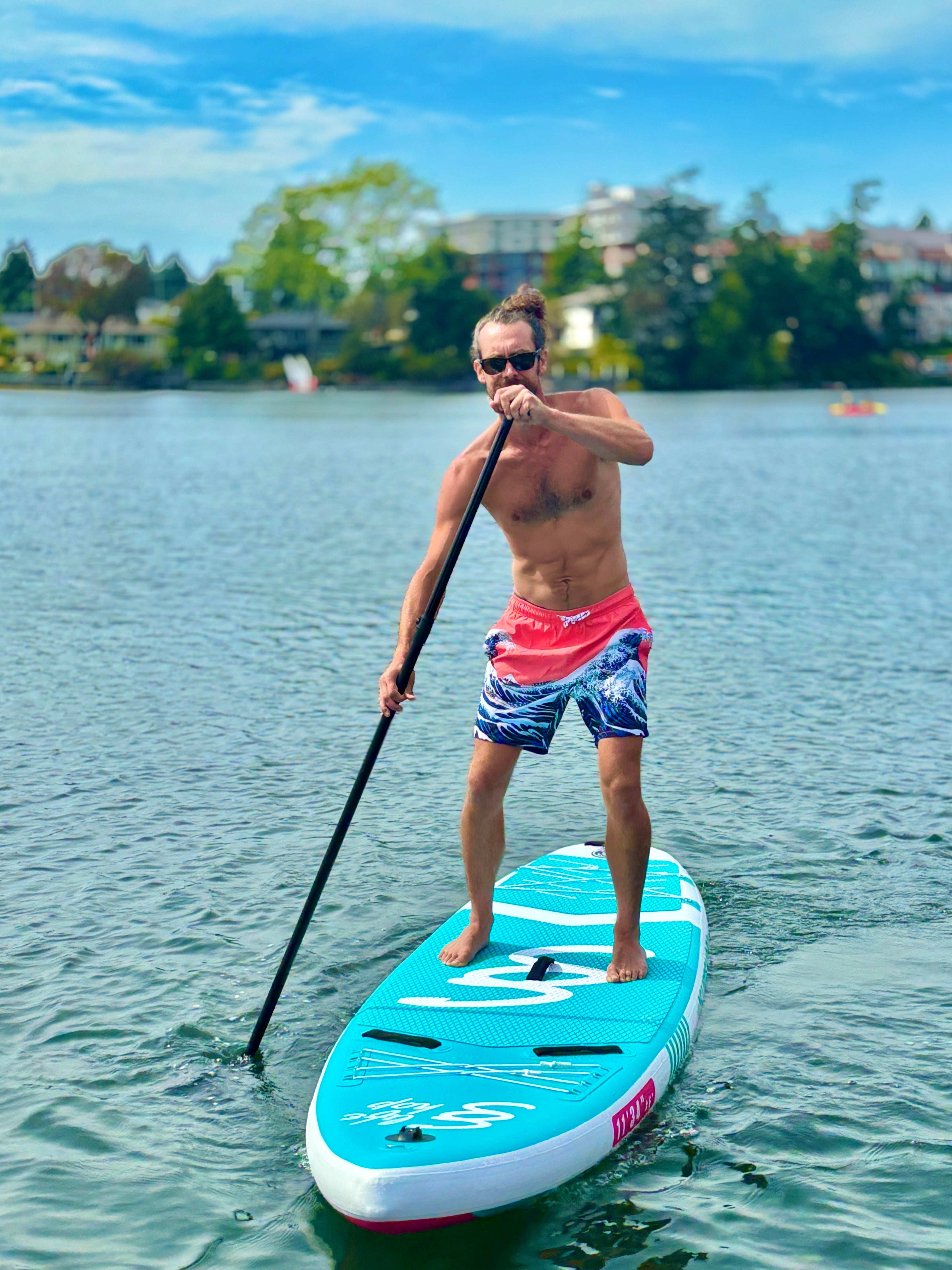 Breezy Stand Up Paddle Board SUP  11’ Inflatable SUP Pink Blue Front&Back Bungee Extra Wide Deck 34” for Stability Designed by Local Canadian Artist