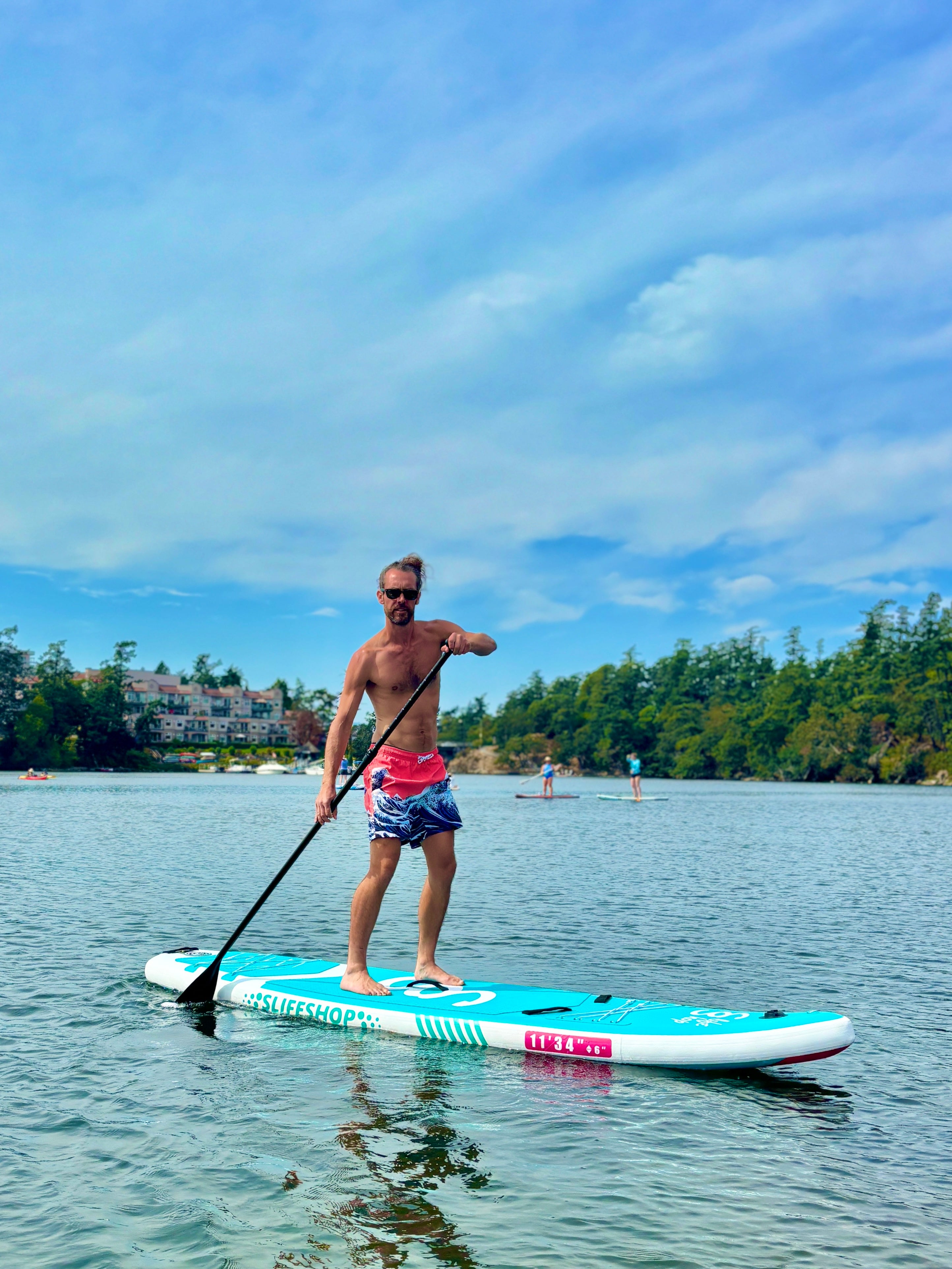 Breezy Stand Up Paddle Board SUP  11’ Inflatable SUP Pink Blue Front&Back Bungee Extra Wide Deck 34” for Stability Designed by Local Canadian Artist