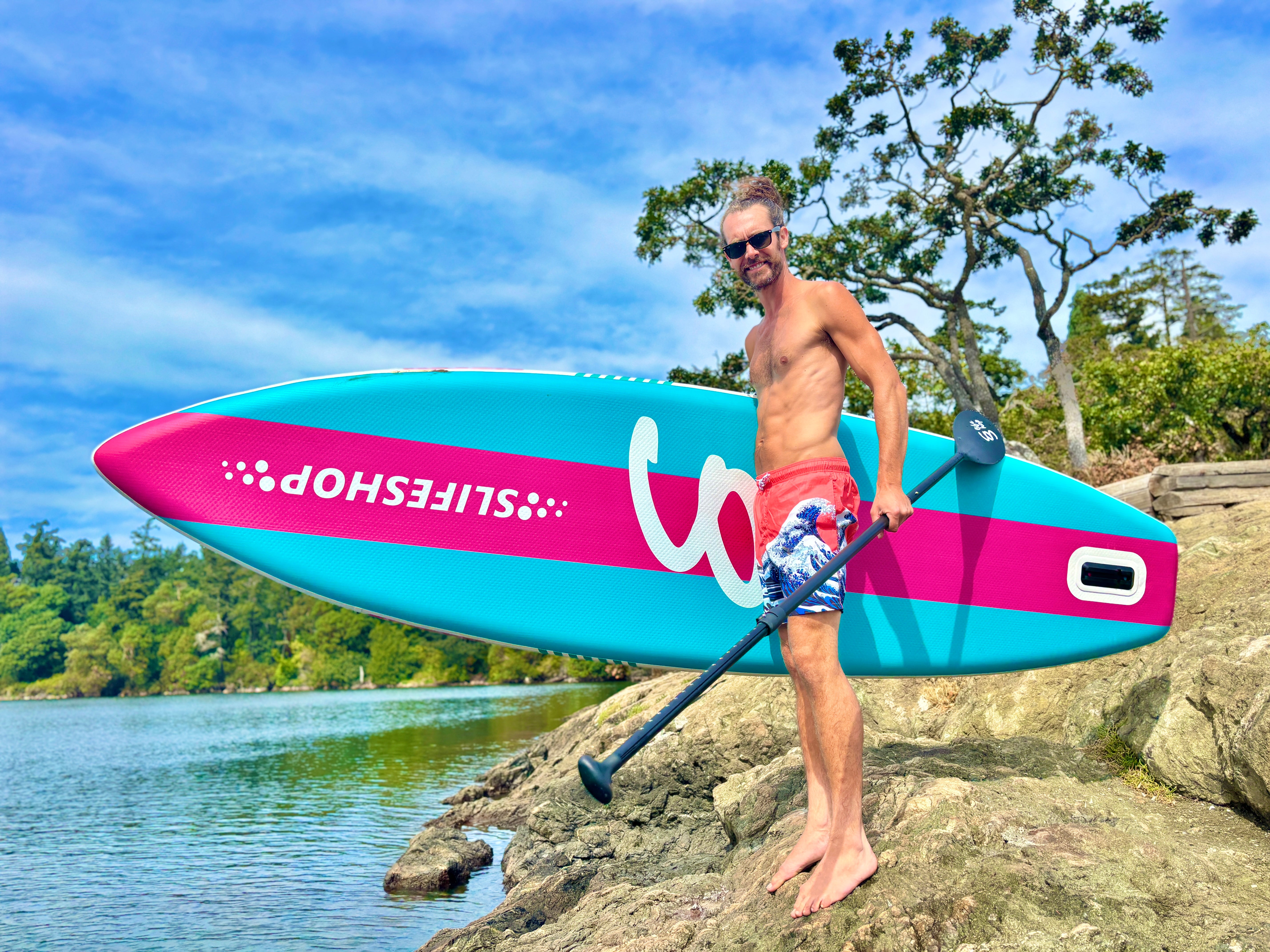Breezy Stand Up Paddle Board SUP  11’ Inflatable SUP Pink Blue Front&Back Bungee Extra Wide Deck 34” for Stability Designed by Local Canadian Artist