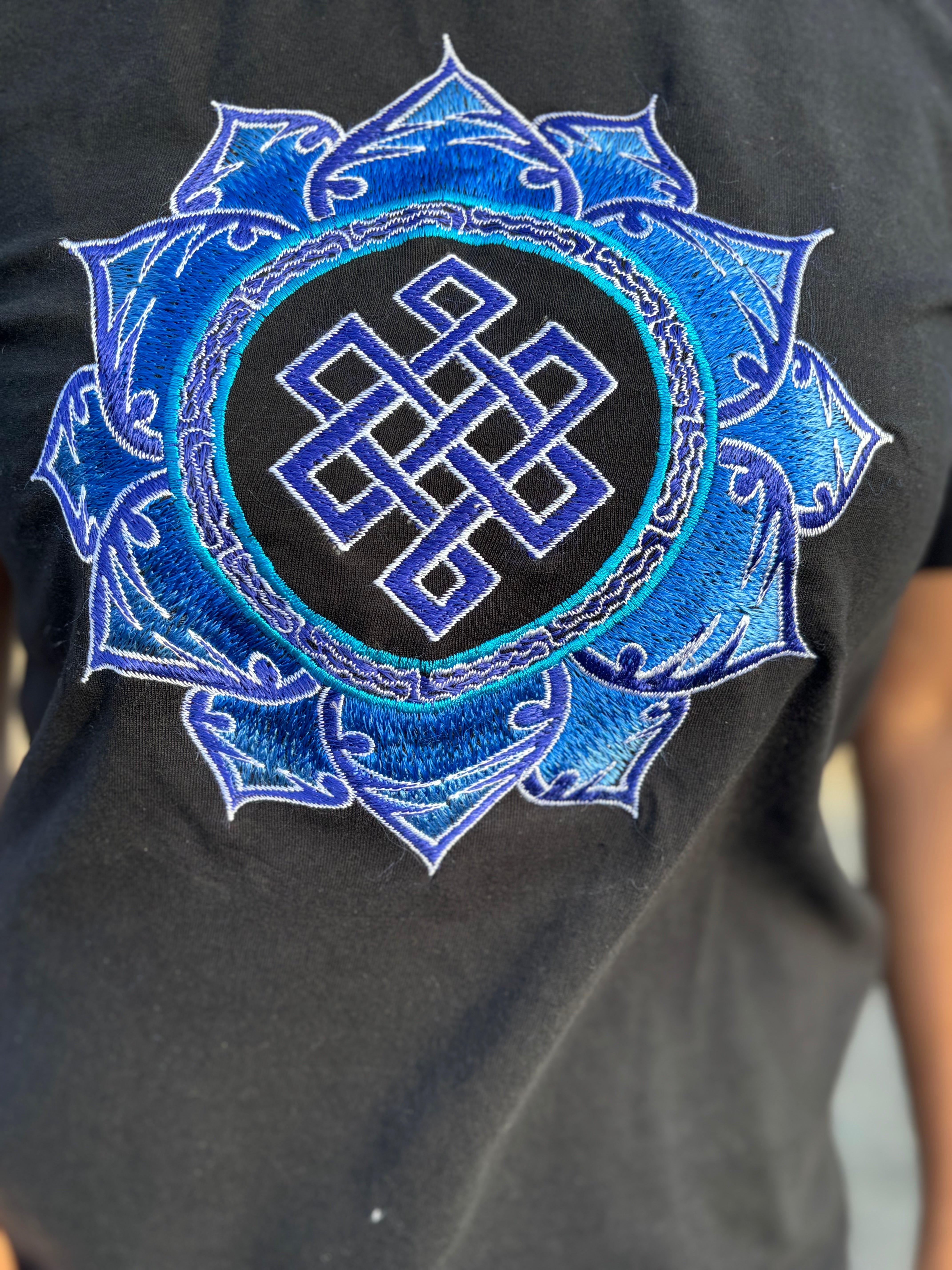 Slife Yoga Handmade Hand-Embroidered Mandala Om Yantra Cotton T-shirt Made by Artist from Nepal Unisex Shirt for Yoga Meditation Paddle Board