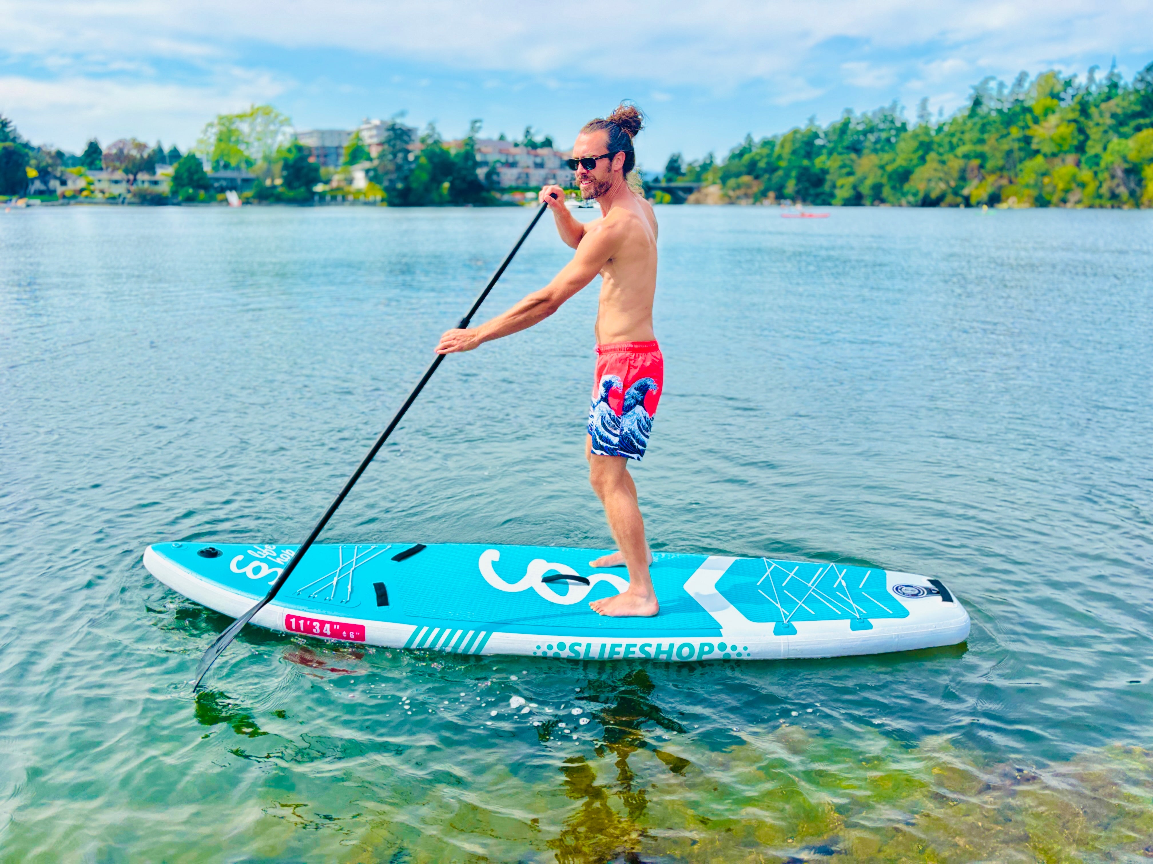 Breezy Stand Up Paddle Board SUP  11’ Inflatable SUP Pink Blue Front&Back Bungee Extra Wide Deck 34” for Stability Designed by Local Canadian Artist